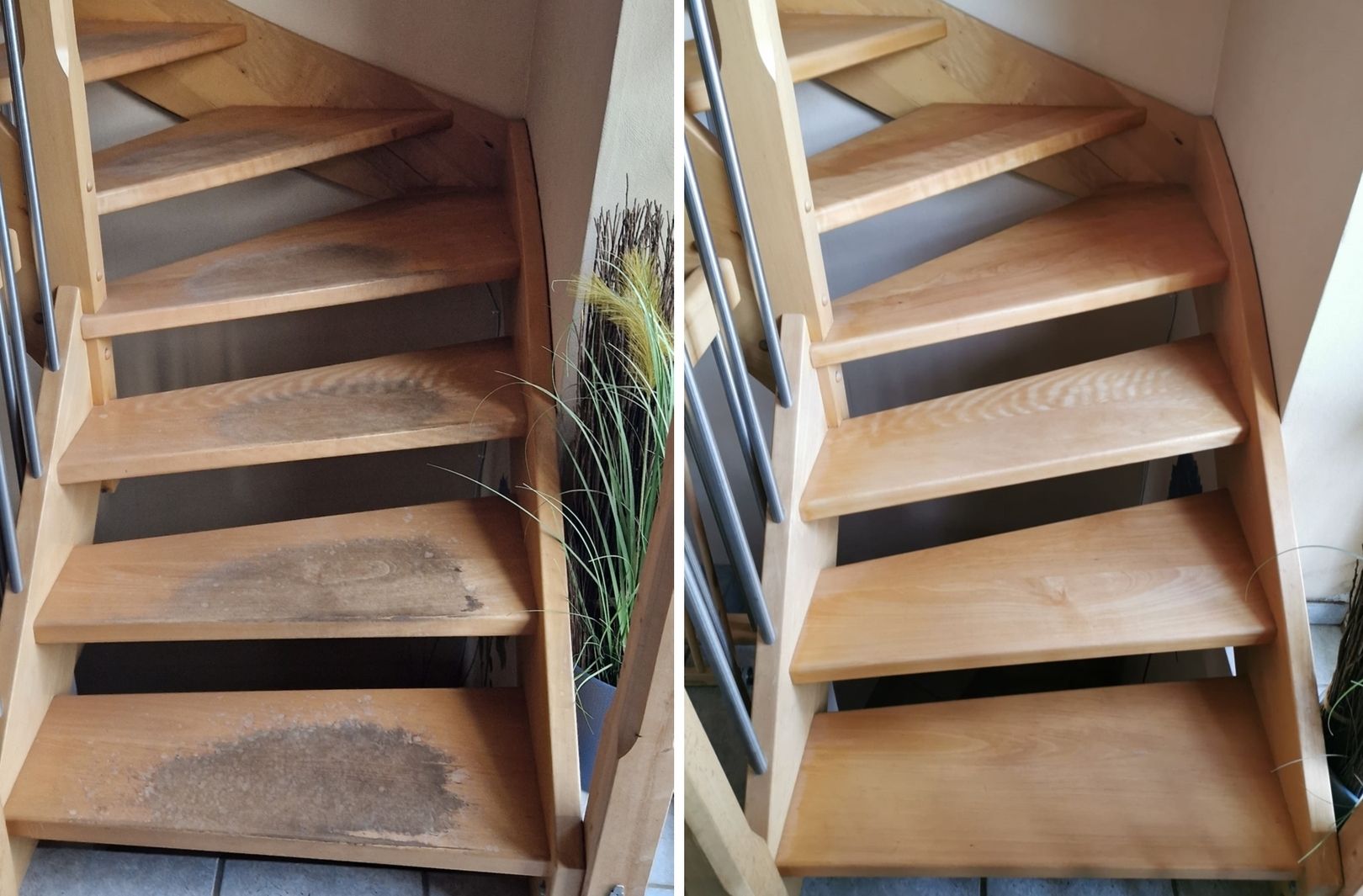 Vorher-Nachher-Bild einer Holztreppe, restauriert von abgenutzt zu neuwertig.